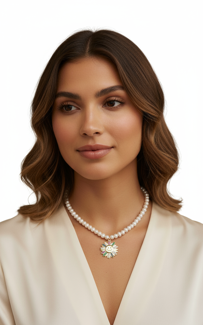 Woman wearing a pearl necklace with a white background
