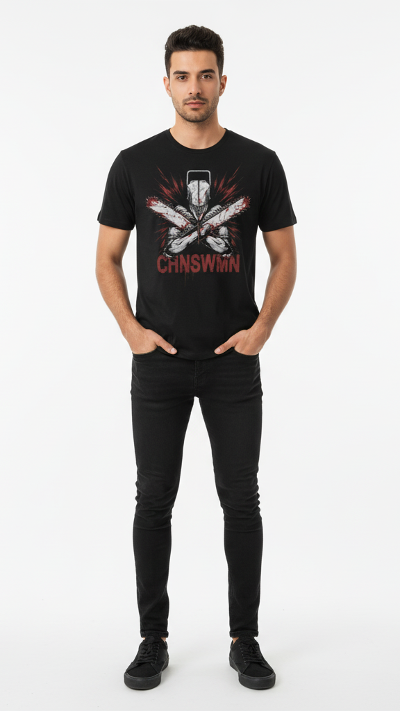 Man wearing a black t-shirt with a graphic design on a white background