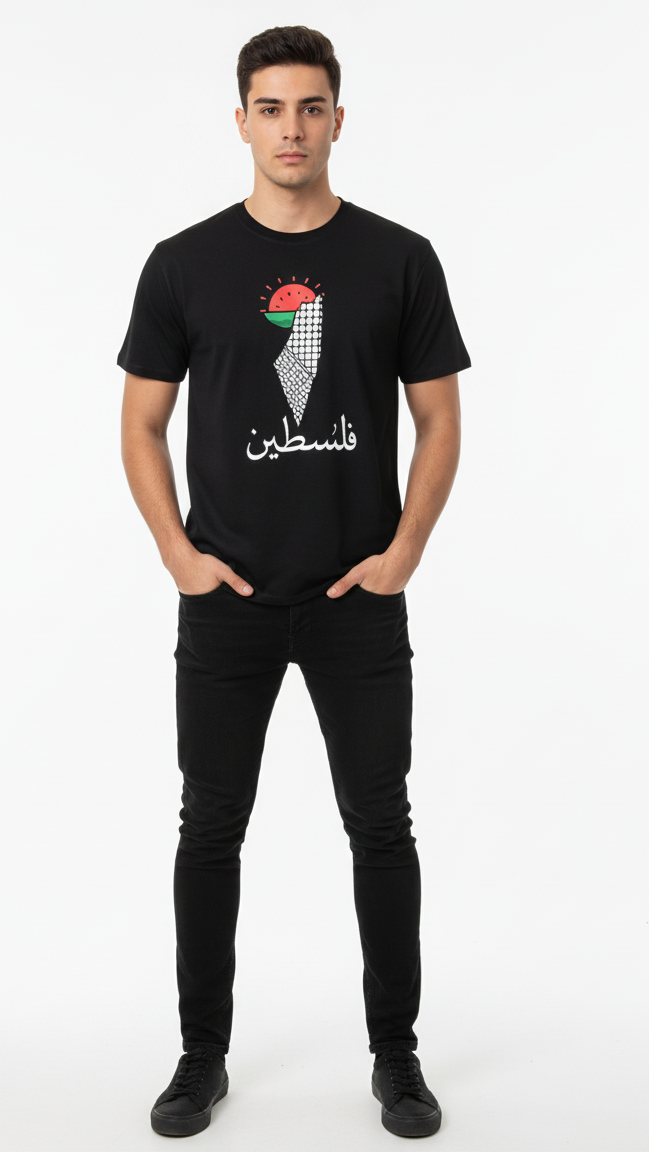 Man wearing a black t-shirt with a graphic design on a white background