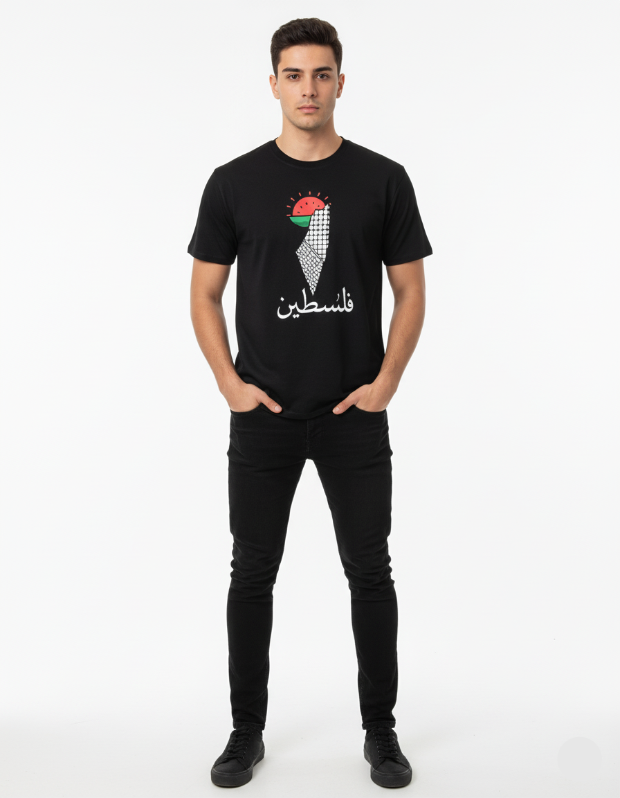 Man wearing a black t-shirt with a graphic design on a white background