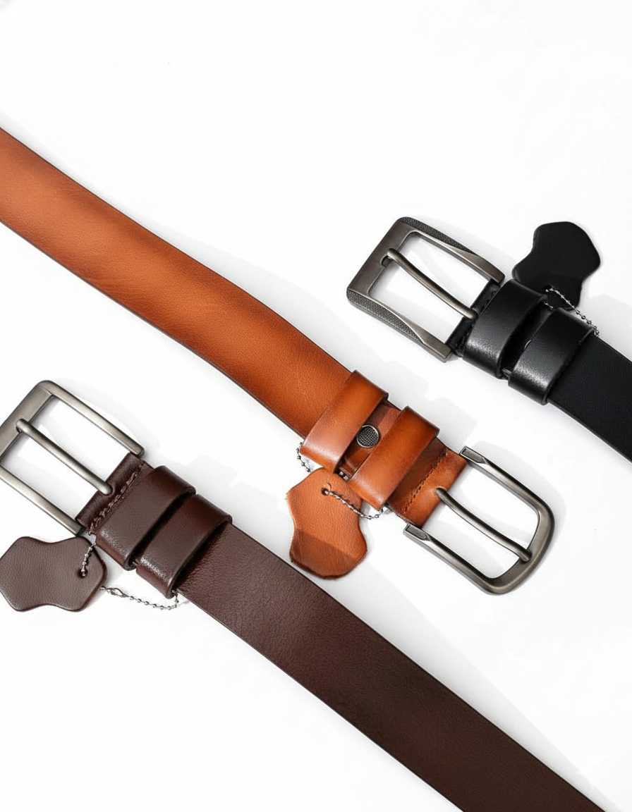 Three leather belts with metal buckles on a white background