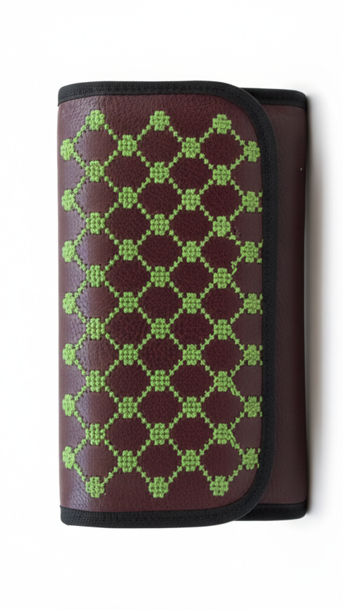 Wallet with green geometric pattern on a white background