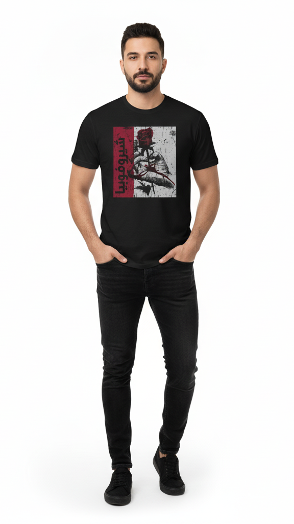 Man wearing a black t-shirt with a graphic design on a white background