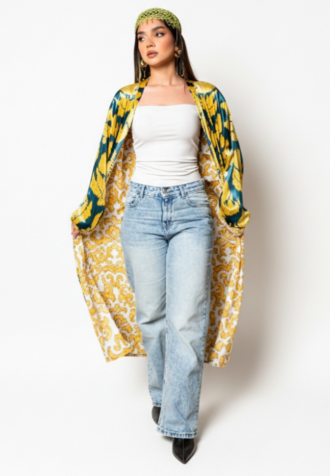Woman wearing a floral kimono over a white top and blue jeans on a white background