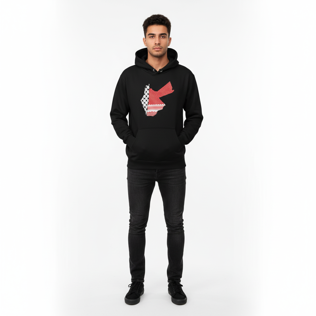 Person wearing a black hoodie with a red and white graphic on a white background