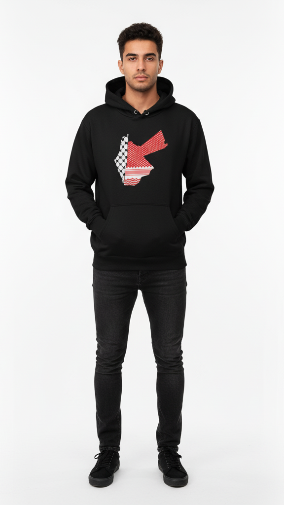 Person wearing a black hoodie with a red and white graphic on a white background