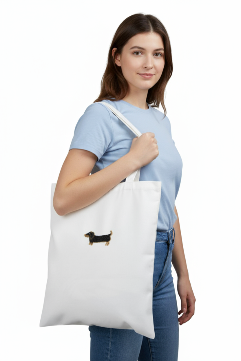 Woman holding a white tote bag with a small dog design on a white background
