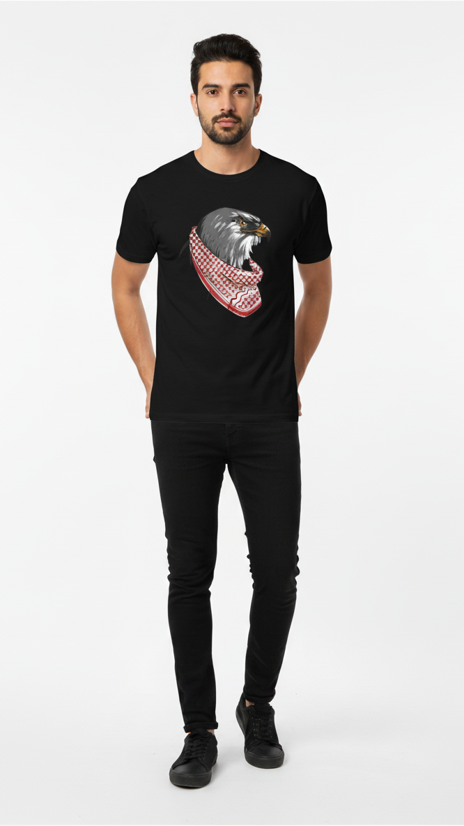 Man wearing a black t-shirt with a graphic design on a white background