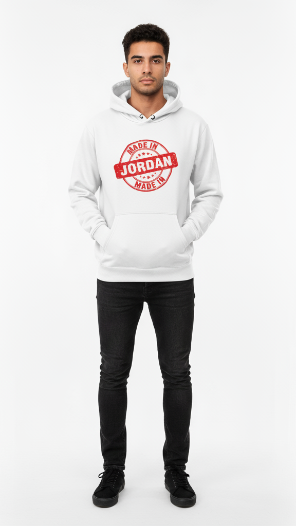 Person wearing a white hoodie with a red logo on a white background