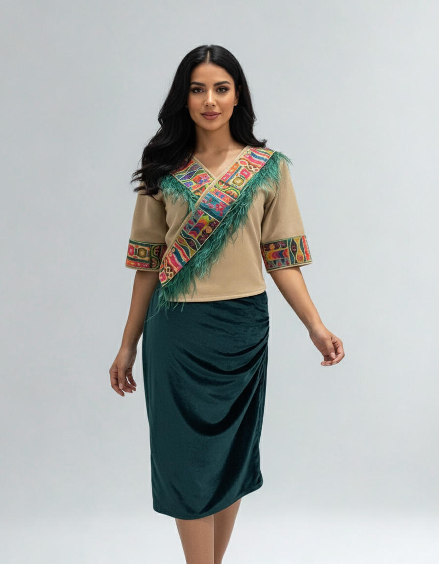 Woman wearing a traditional outfit with a colorful top and green skirt on a gray background