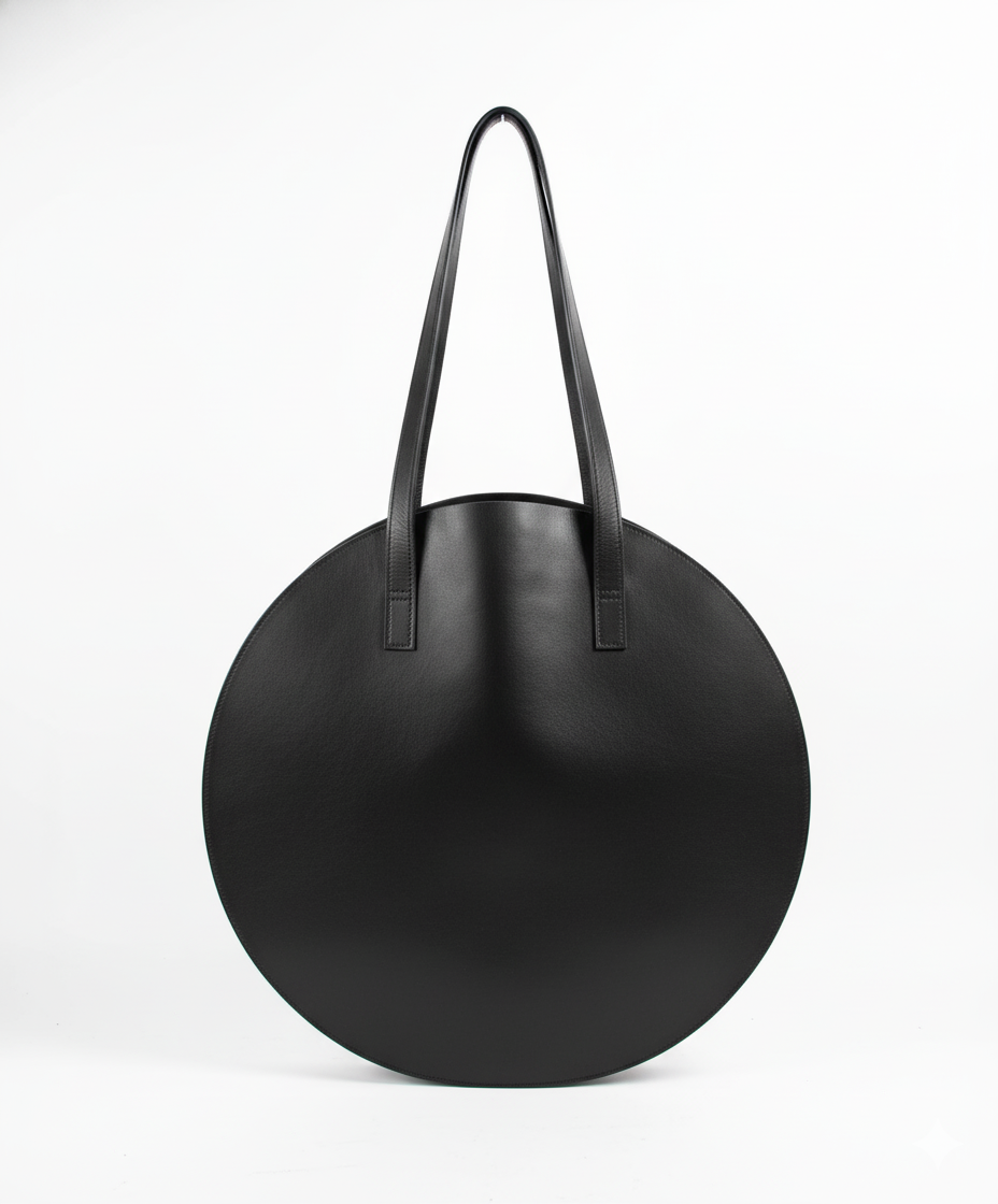 Black round handbag with handles on a white background