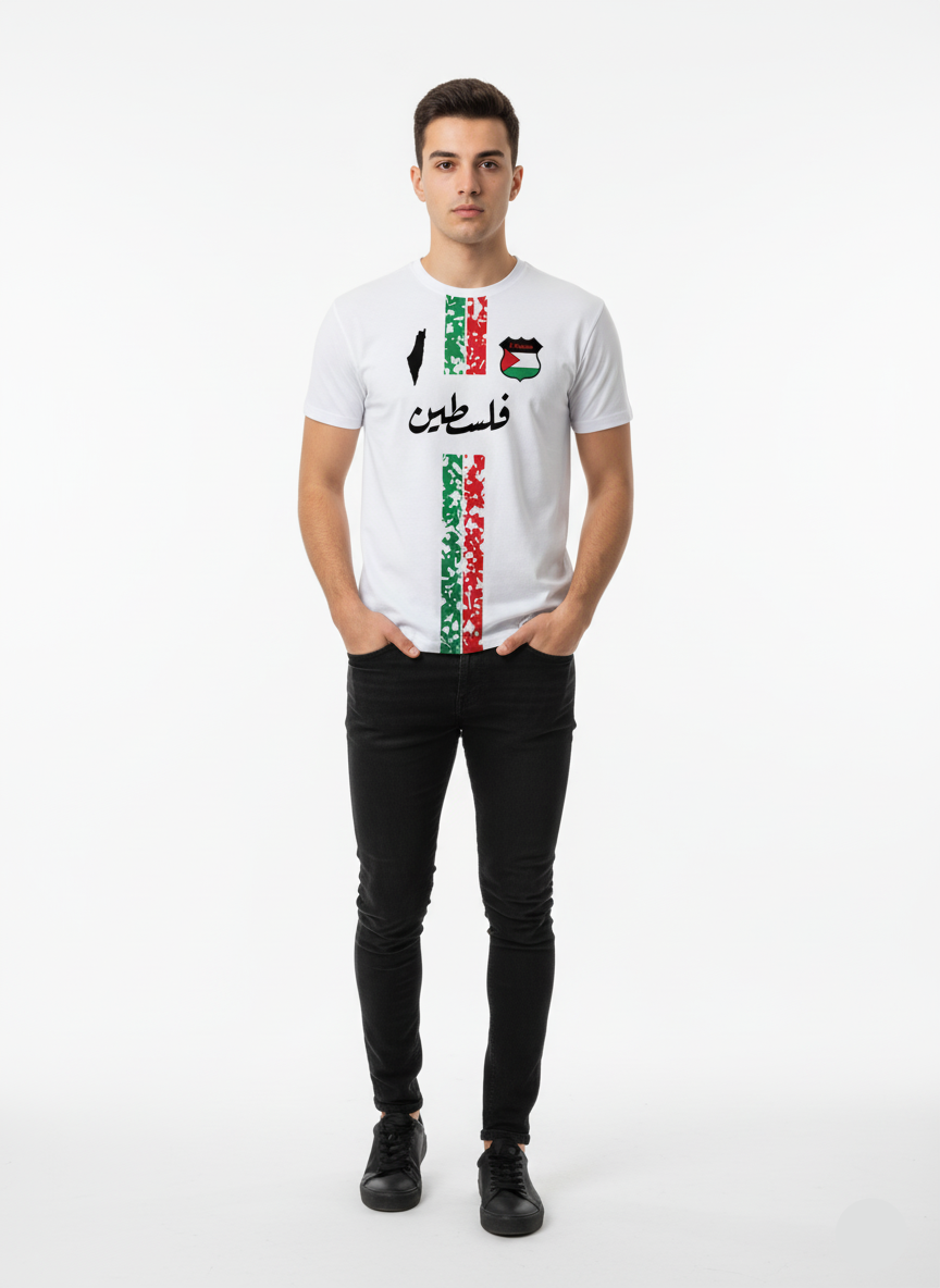 Man wearing a white t-shirt with a flag design and text on a white background