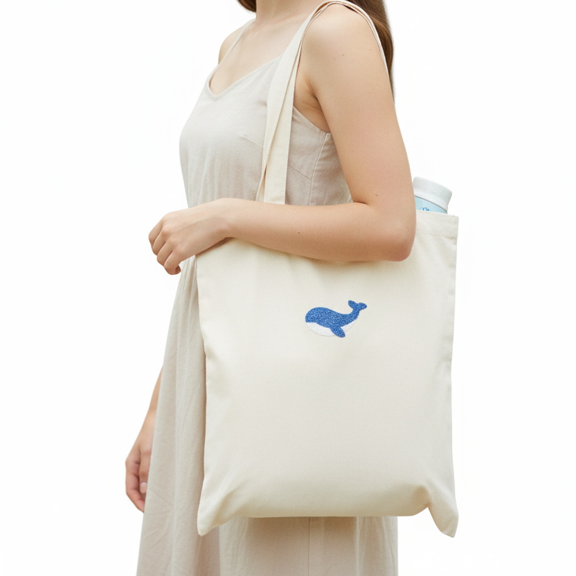 Woman holding a white tote bag with a blue logo on a white background