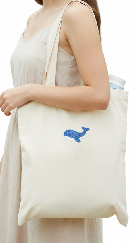 Woman holding a white tote bag with a blue logo on a white background