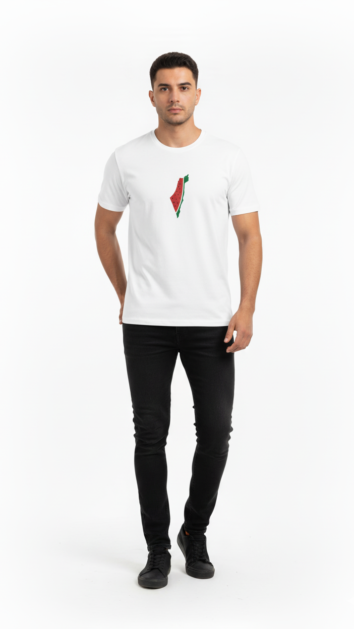 Man wearing a white t-shirt with a graphic design on a white background
