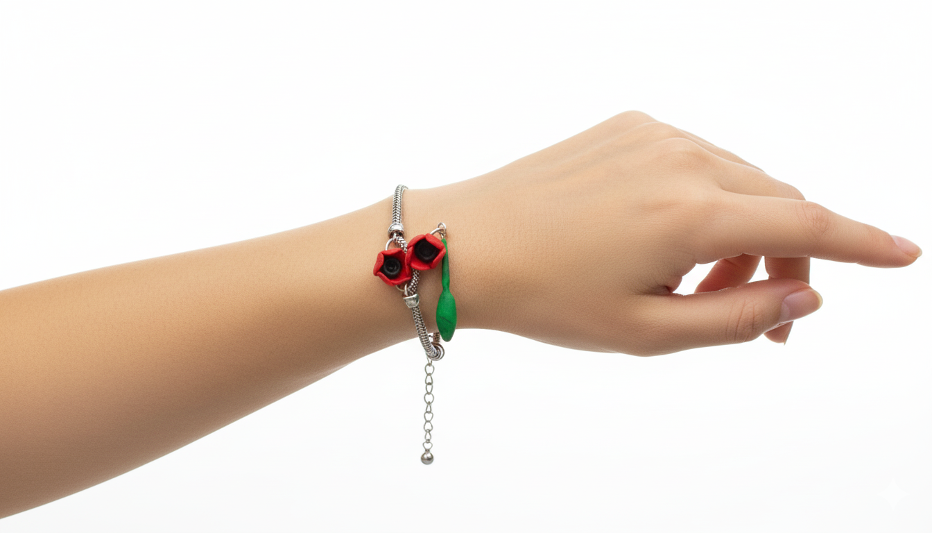 Hand wearing a bracelet with poppy flower charms on a white background
