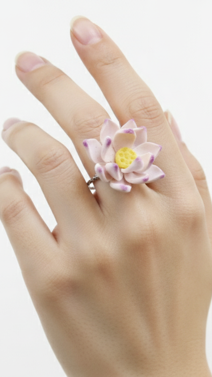 Hand wearing a pink lotus flower ring on a white background