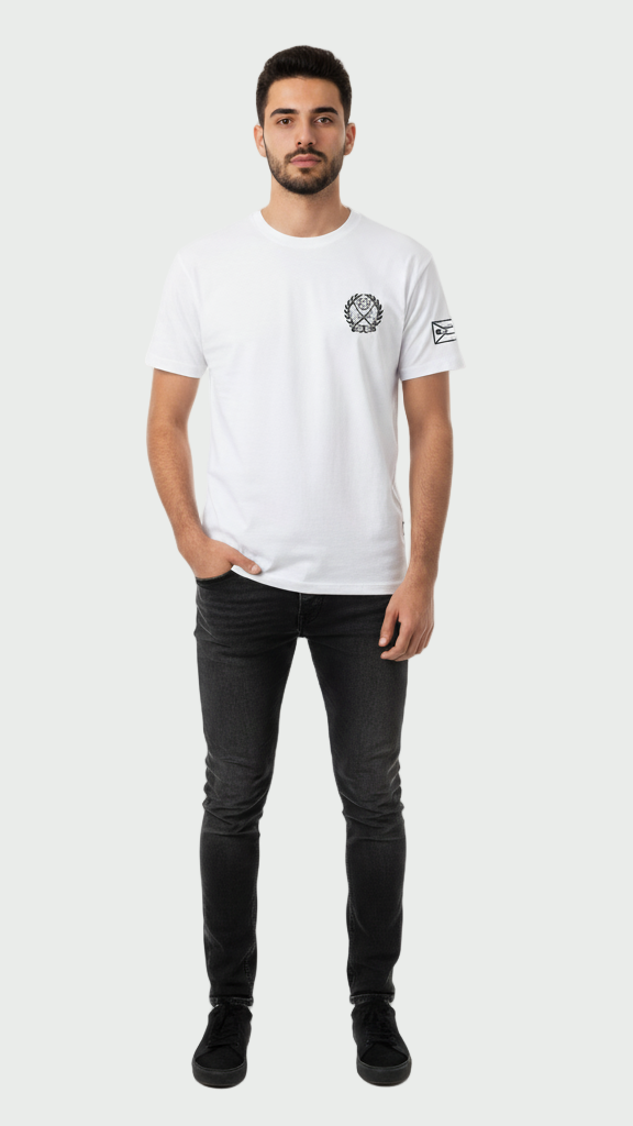 Man wearing a white t-shirt with a logo on a white background