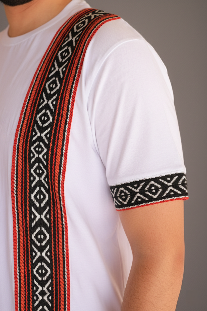 White shirt with black and red patterned strap and arm band on a neutral background