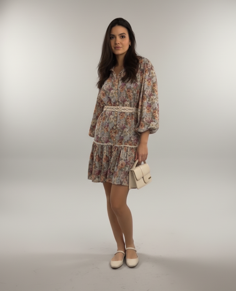 Woman wearing a floral dress with a plain background