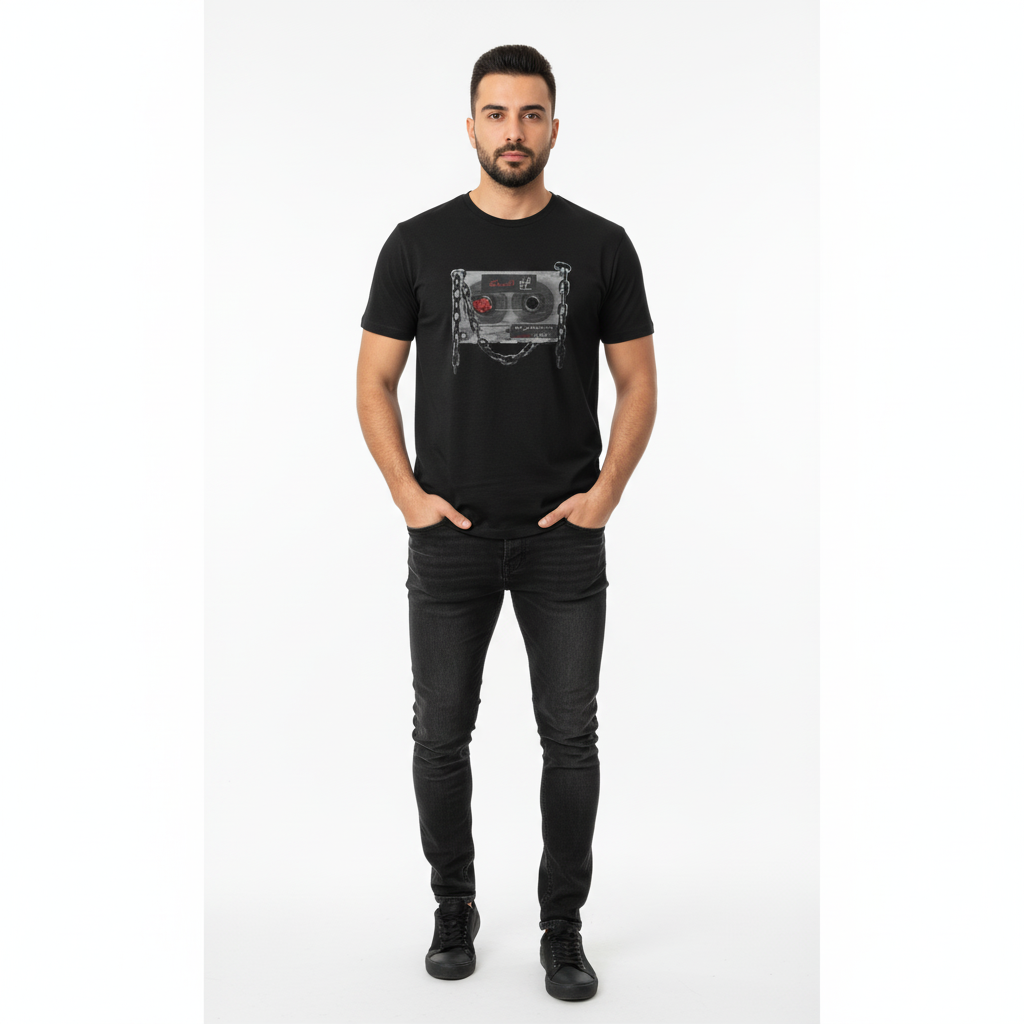 Man wearing a black t-shirt with a graphic design on a white background