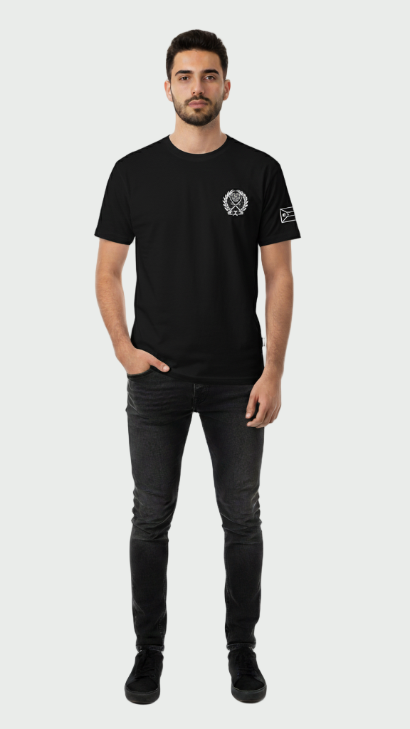 Man wearing a black t-shirt with a logo on a white background, featuring the Oppa brand.
