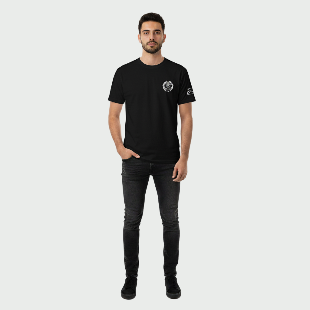 Man wearing a black t-shirt with a logo on a white background, featuring the Oppa brand.