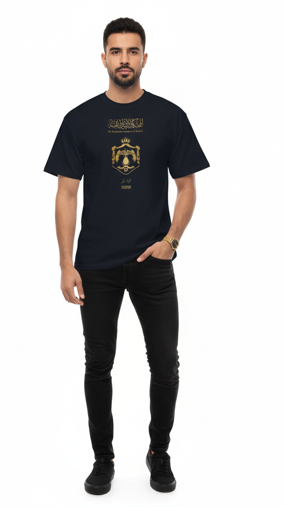 Man wearing a black t-shirt with a graphic design on a white background