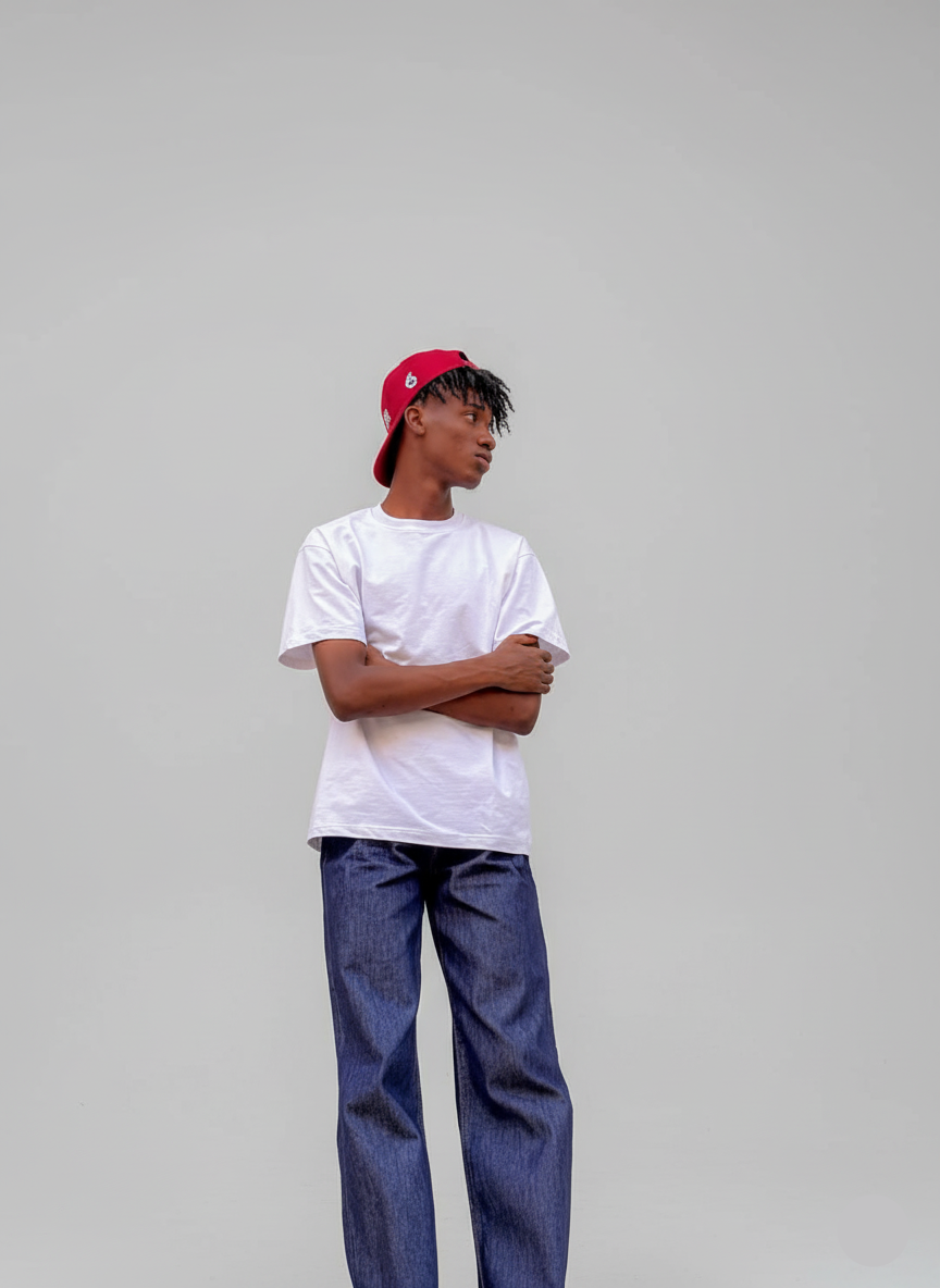 Person wearing a white t-shirt, blue jeans, and a red cap on a gray background