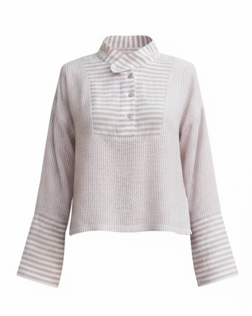 A long-sleeve button-front blouse with a textured vertical stripe pattern on the body and horizontal stripes on the sleeves and collar, shown on a plain white background.