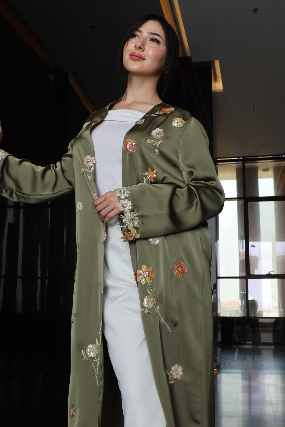 Floral Embroidered Open Abaya – Olive Green