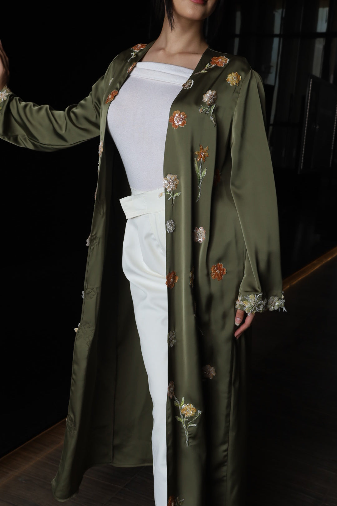 Floral Embroidered Open Abaya – Olive Green