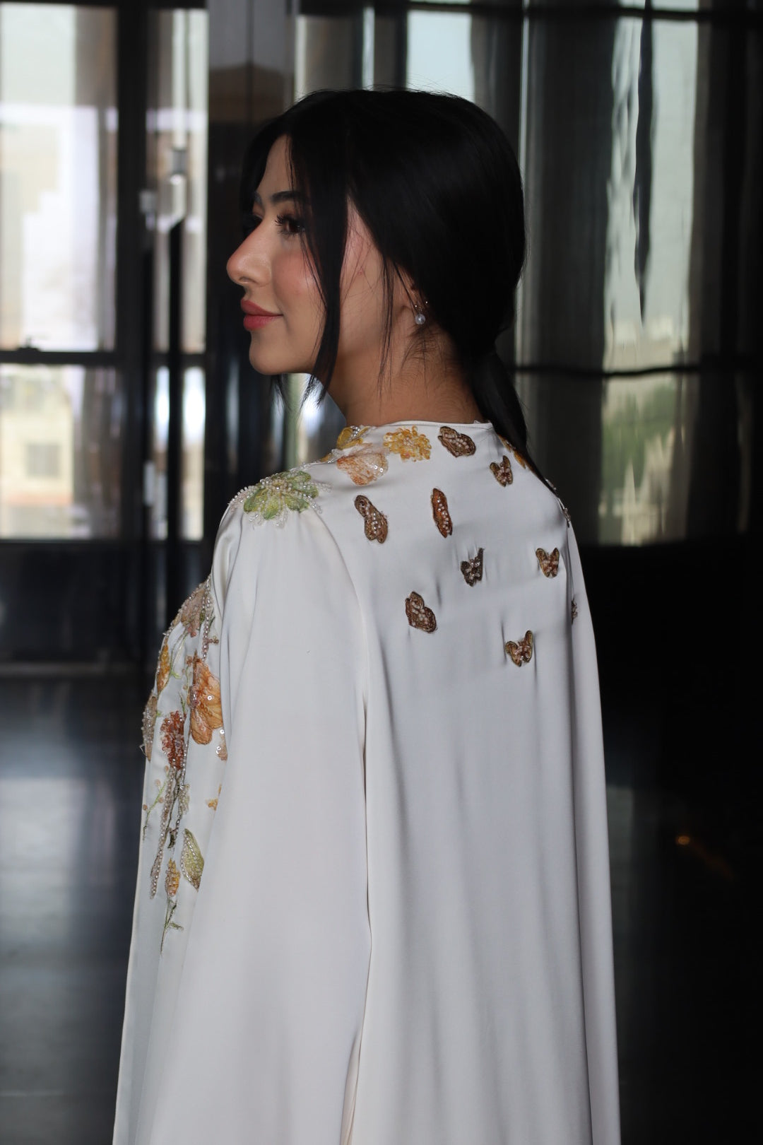 Off-White Floral Embellished Abaya