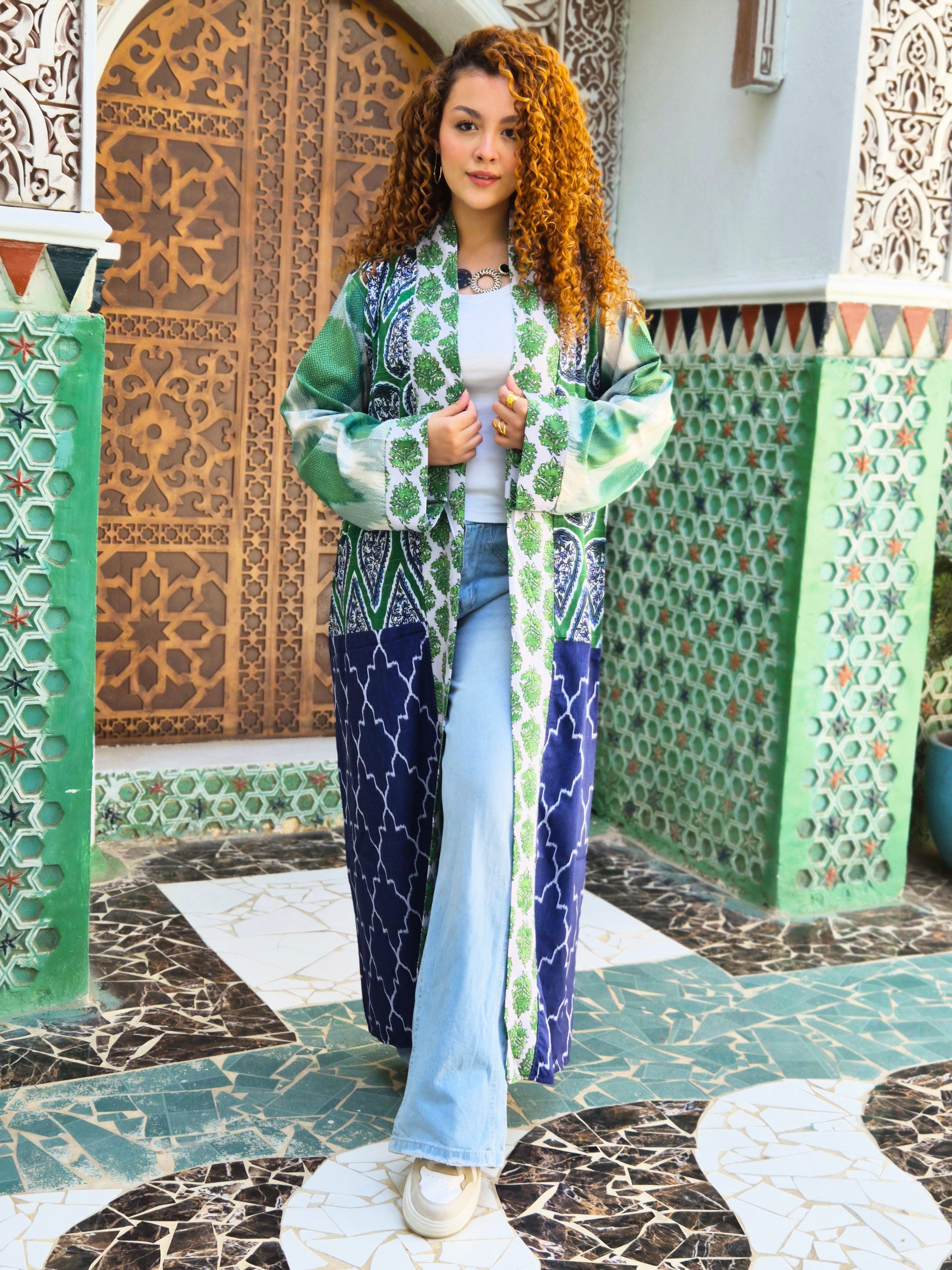 Long Boho Kimono - Green & Blue