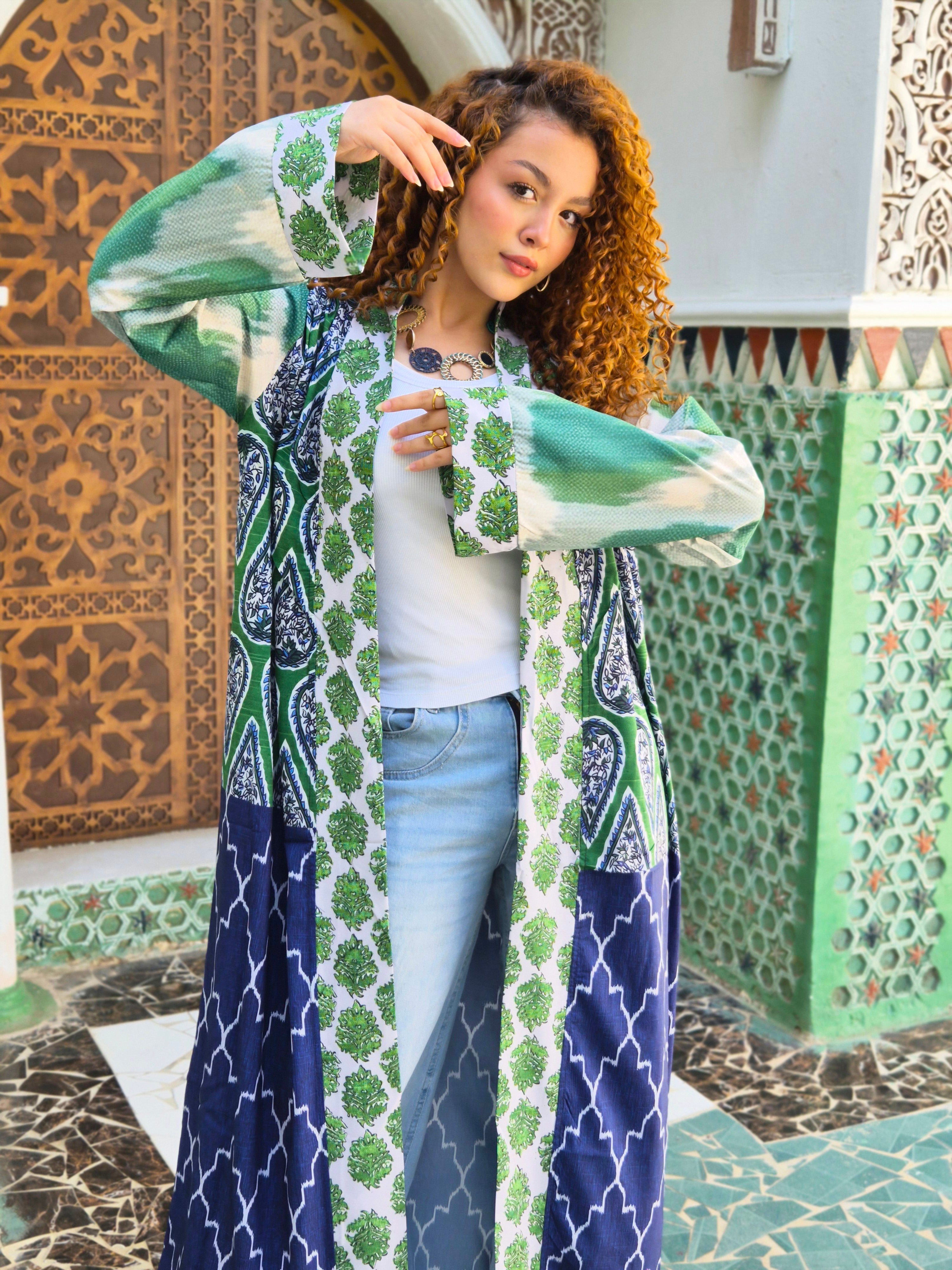 Long Boho Kimono - Green & Blue