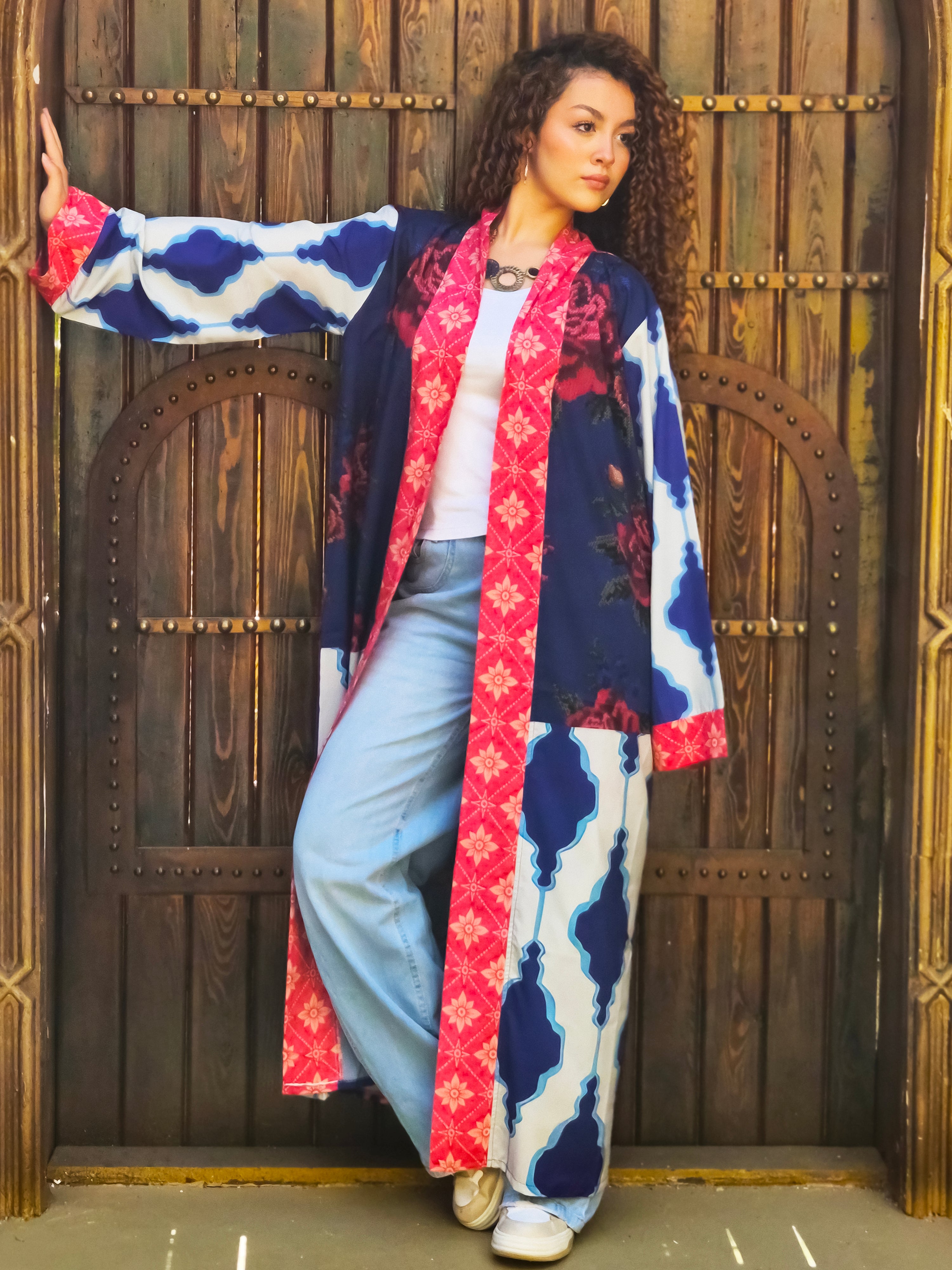 Long Boho Kimono - Blue & Red