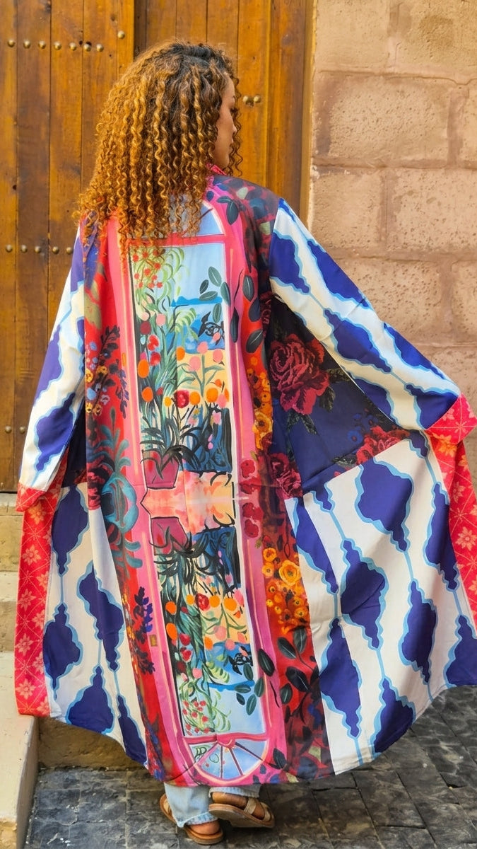 Long Boho Kimono - Blue & Red