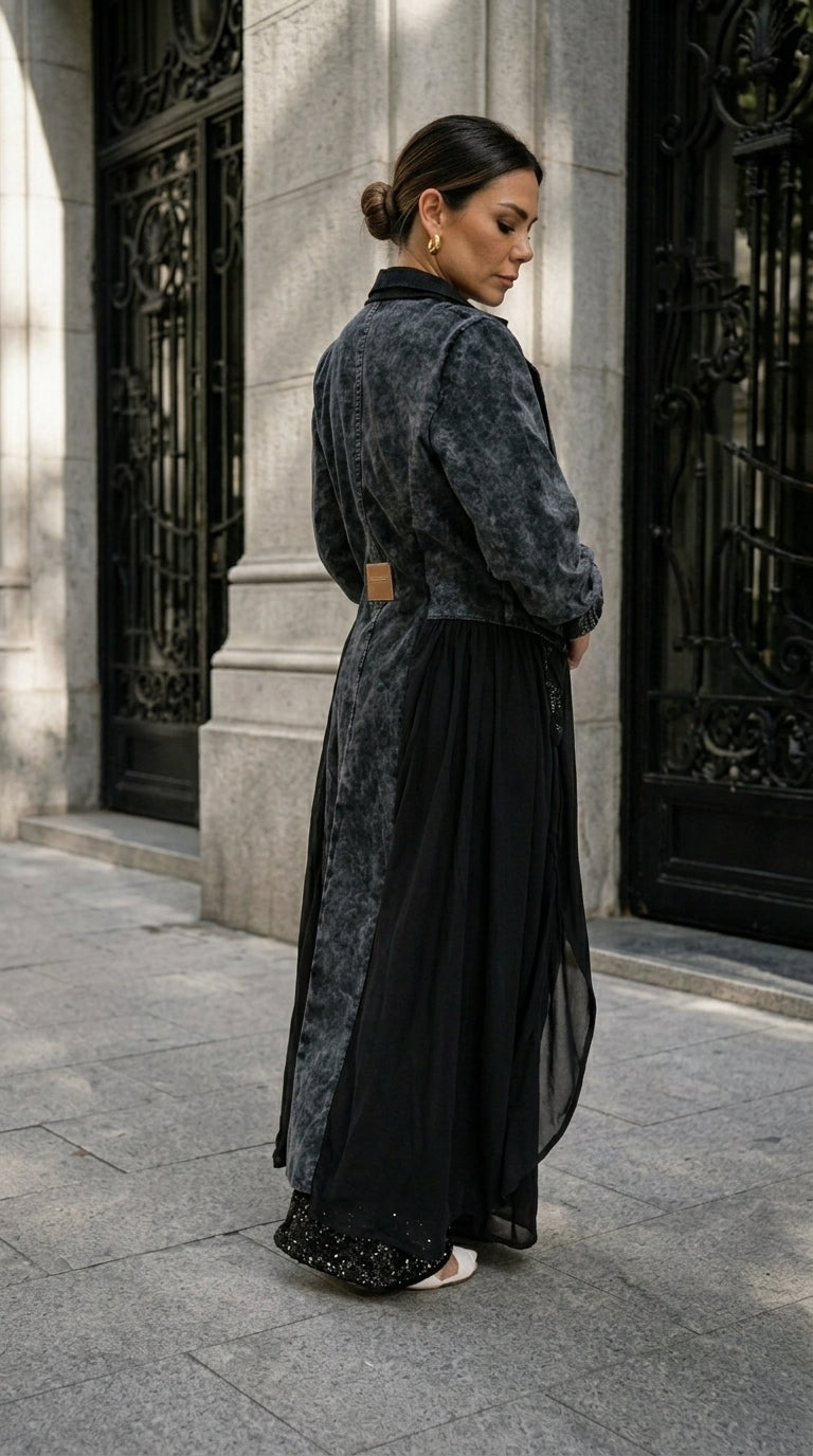 Oversized Black Denim & Shirt Hybrid Cardigan