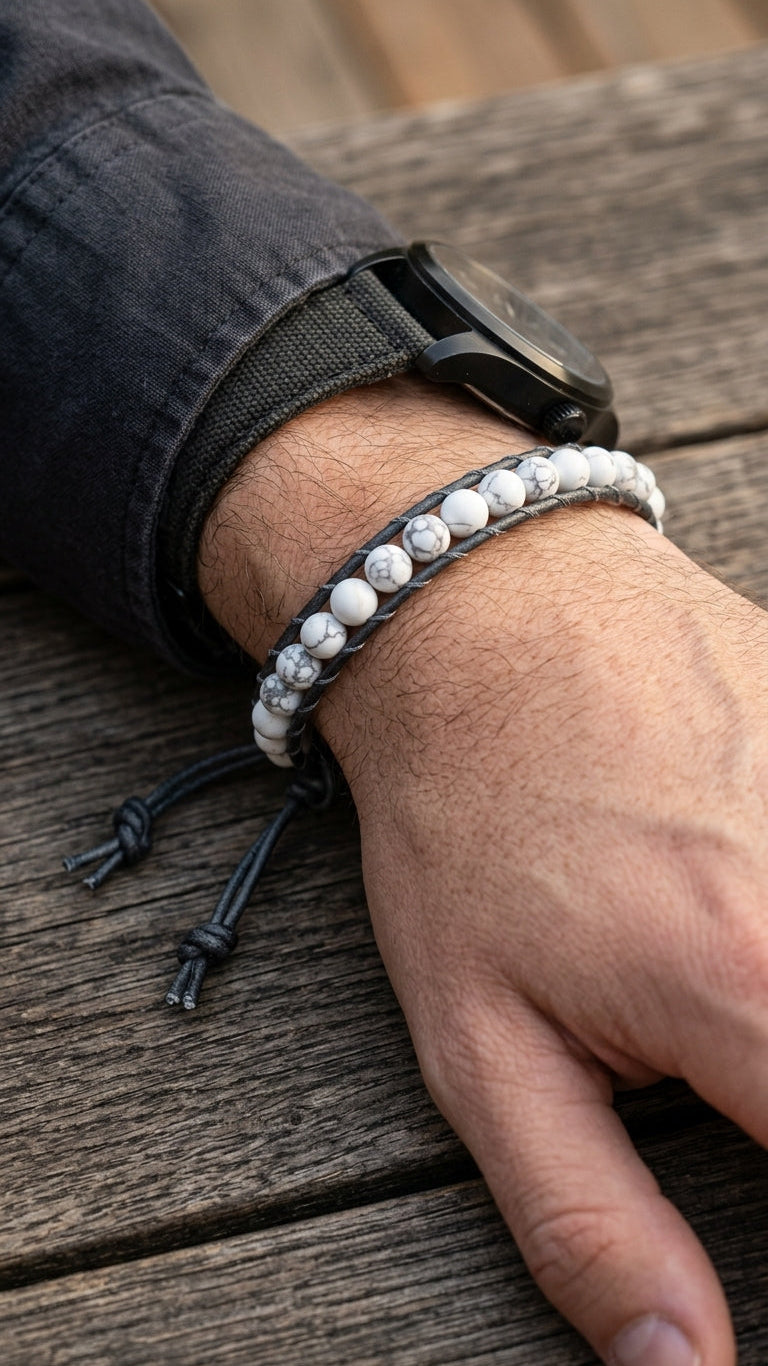 Hand wearing a bracelet on a wooden surface
