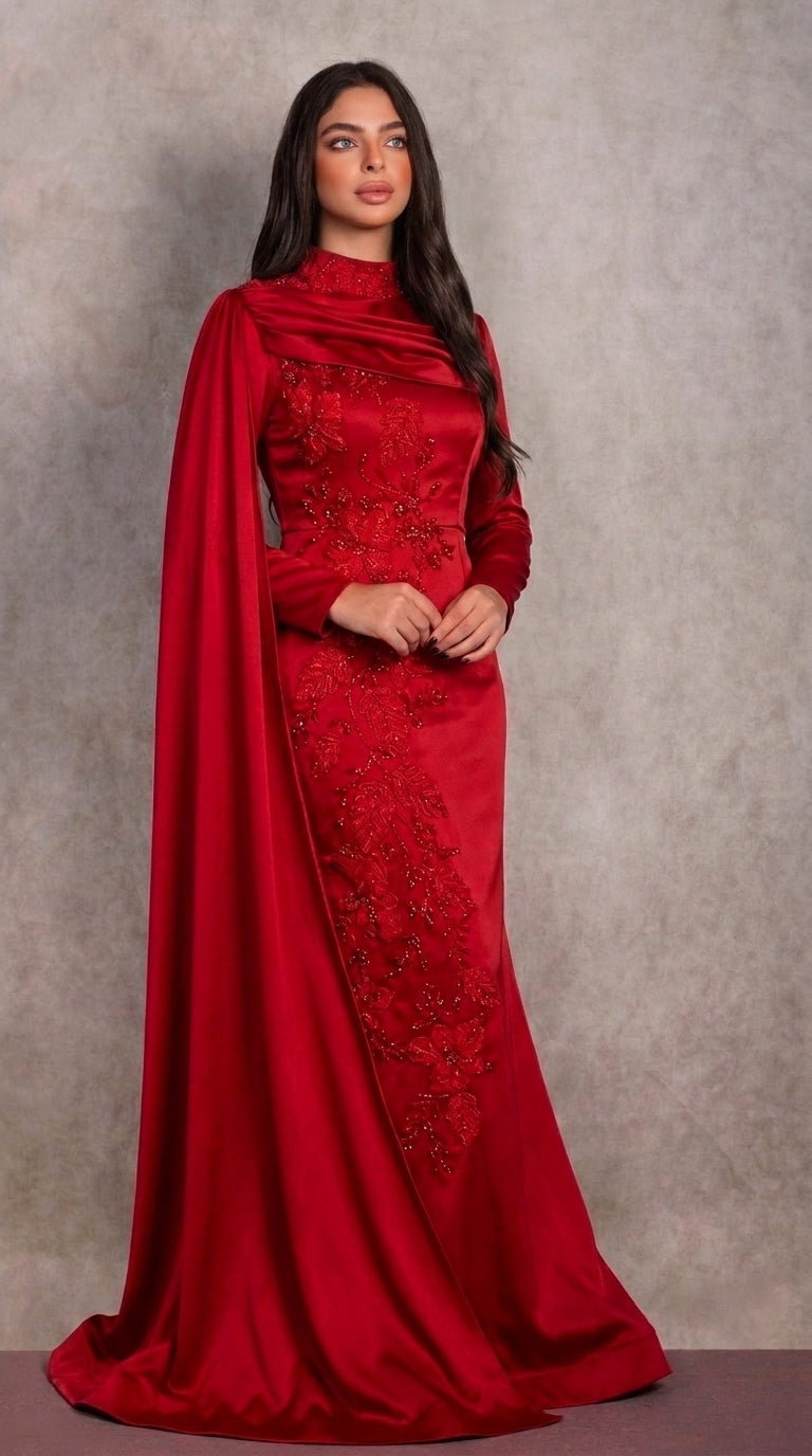 Red Beaded Mermaid Evening Gown with Cape Sleeves