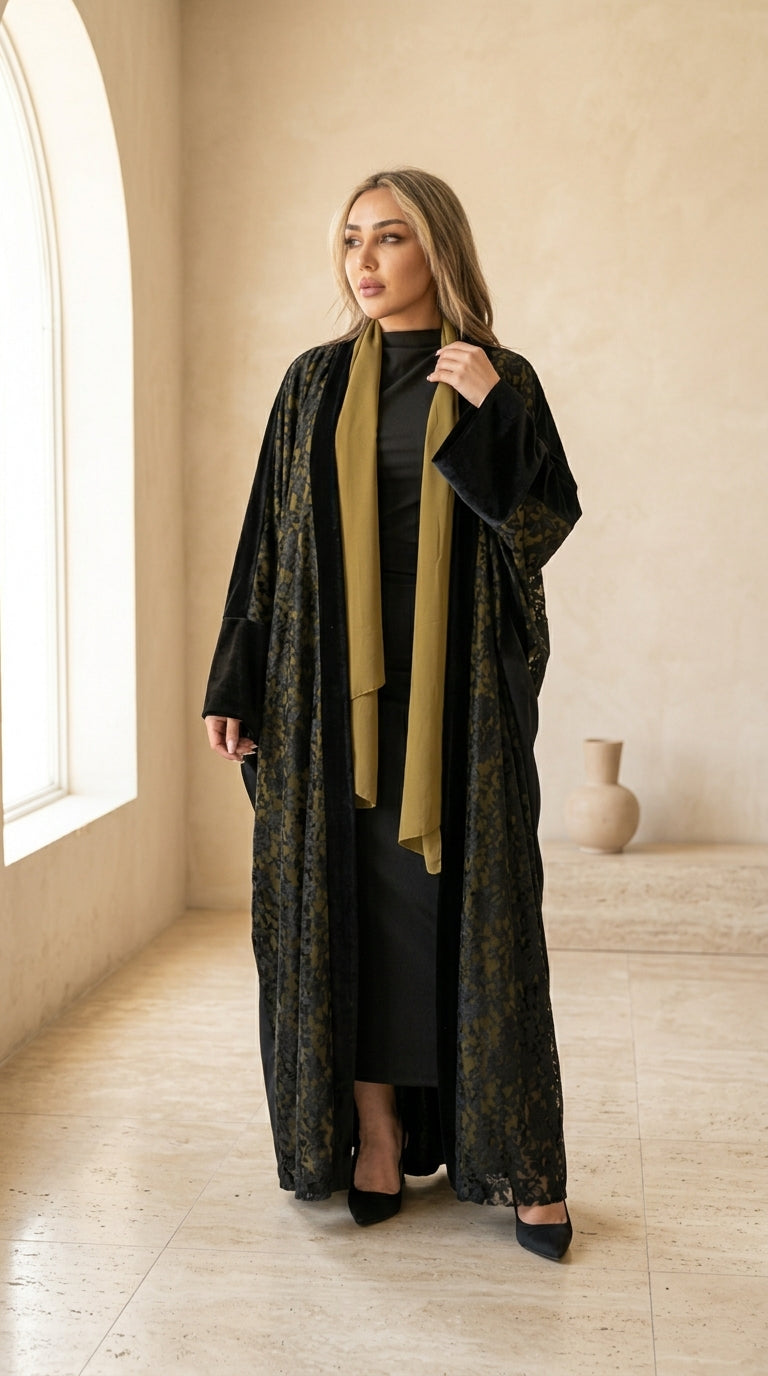 Black Open Abaya with Gold Pattern Details