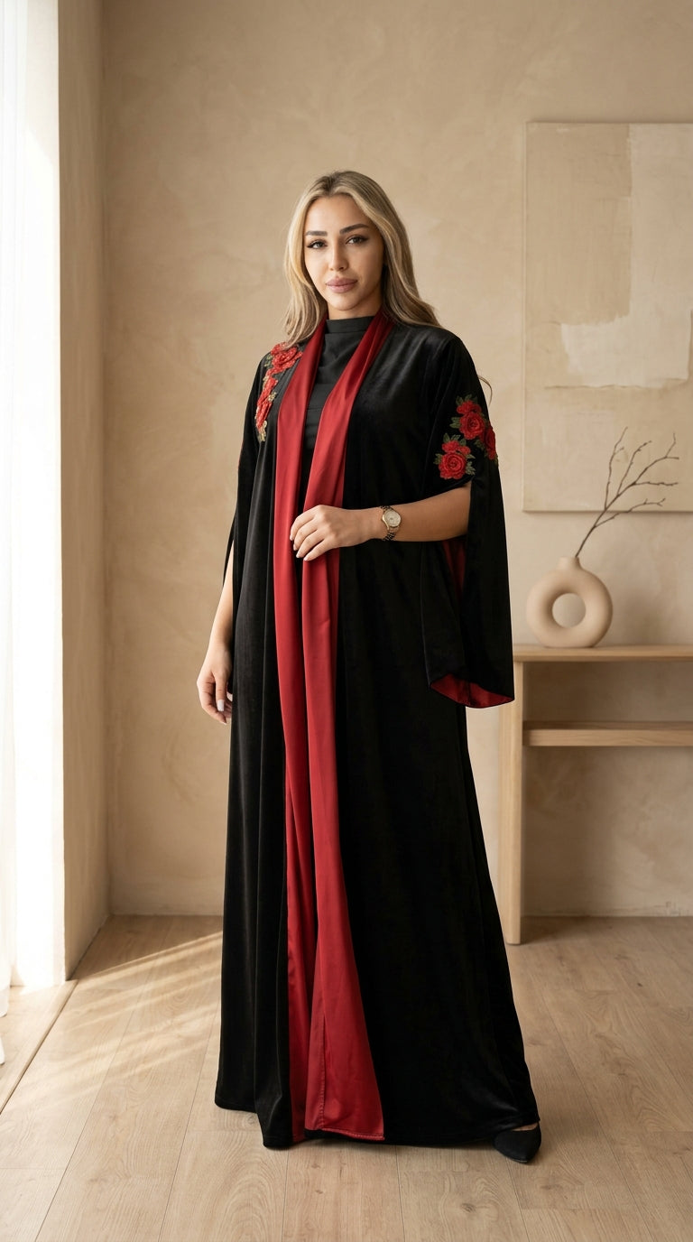 Black Open Abaya with Red Floral Embroidery