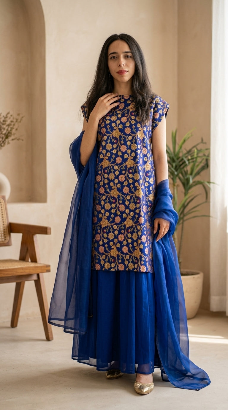 Woman wearing a blue and gold traditional outfit in a room with plants and a chair.