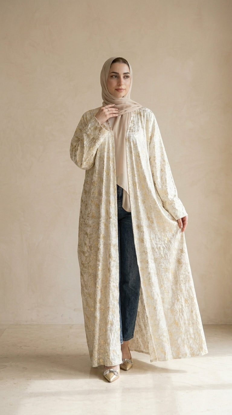 Woman wearing a long, light-colored dress with a matching hijab against a neutral background