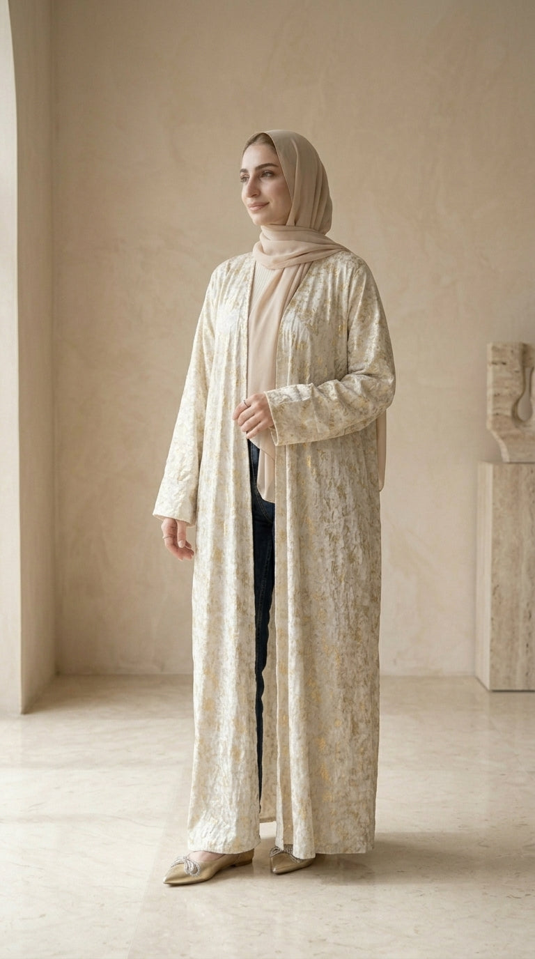 Woman wearing a beige abaya and hijab in a minimalistic setting