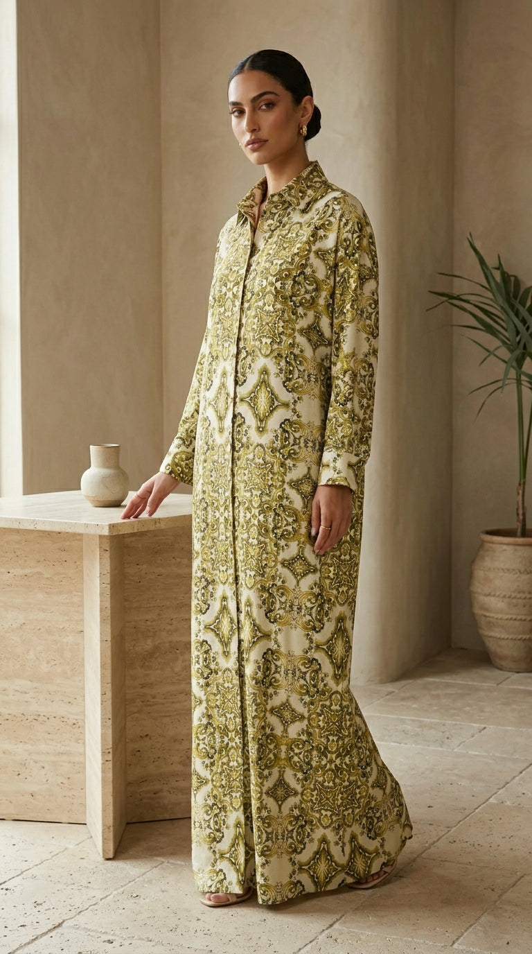 Woman wearing a green and white patterned dress in a minimalistic room.