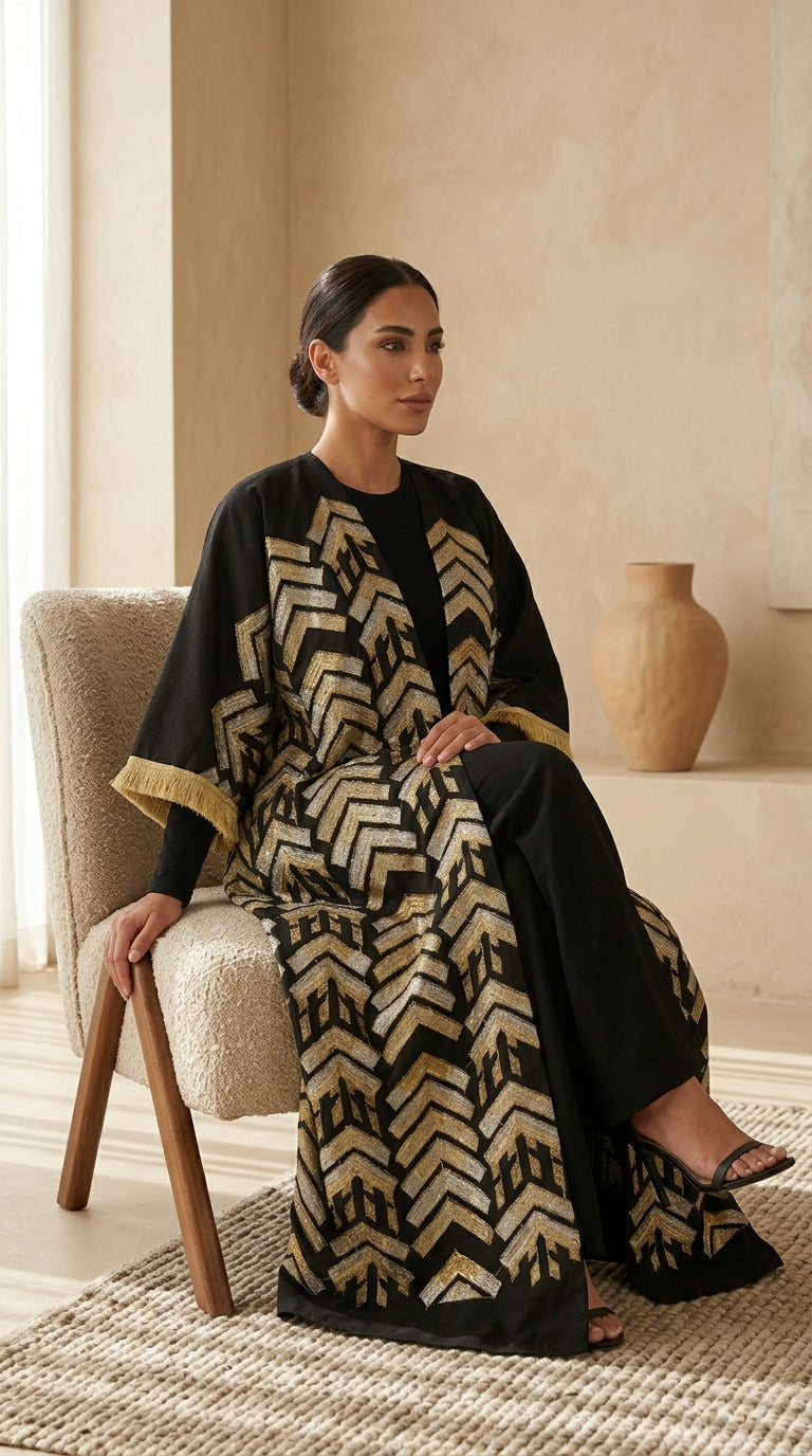 Black & Gold Geometric Embroidered Abaya