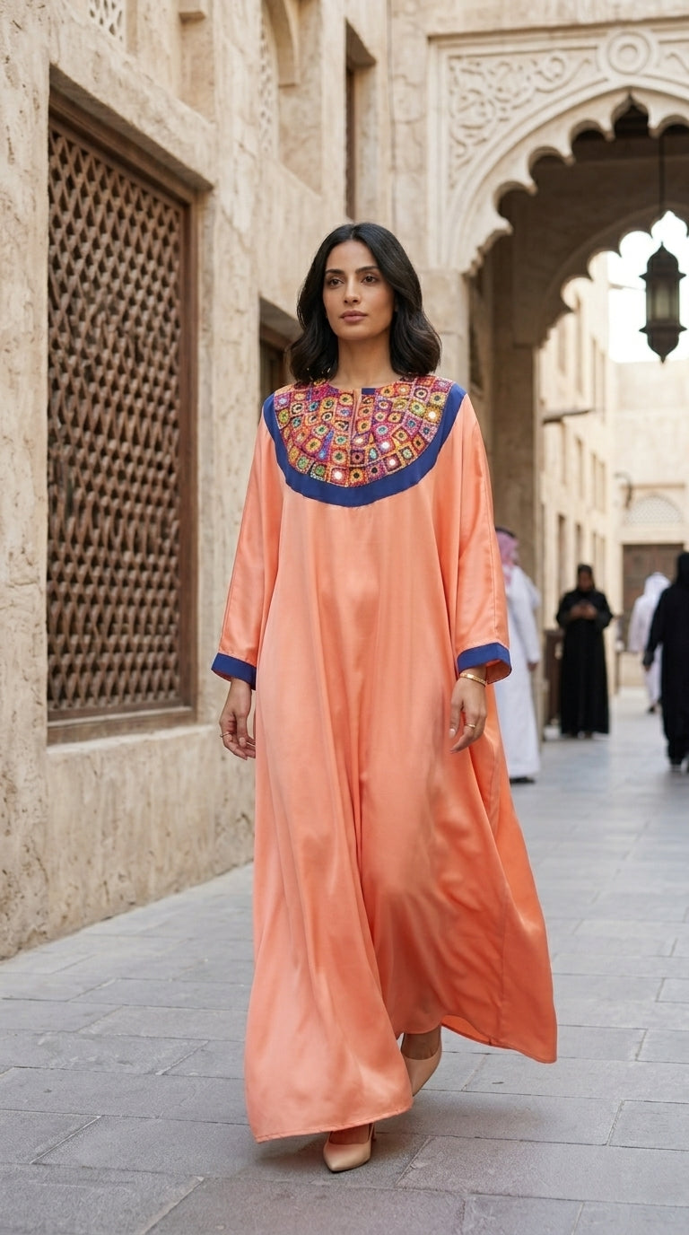 Woman in a peach dress with colorful embroidery walking in a historic street.