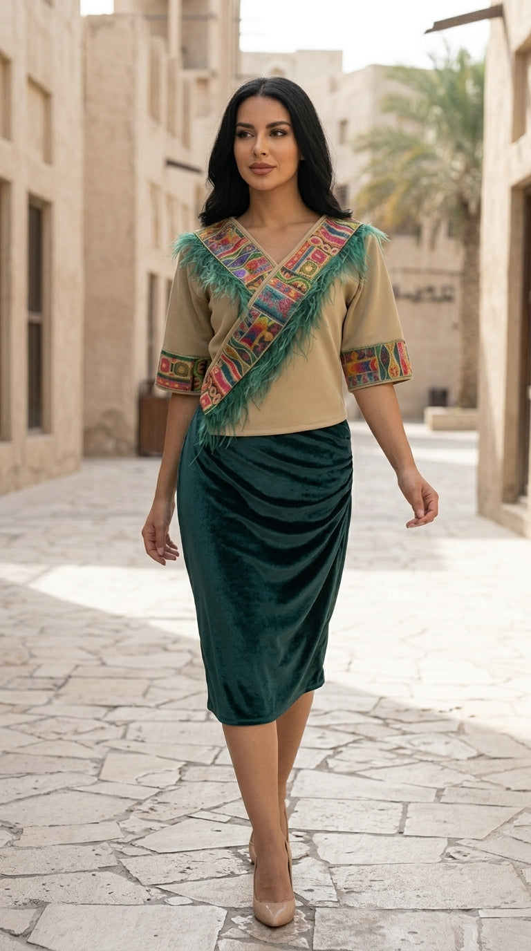 Woman wearing a traditional outfit with a colorful top and green skirt in an outdoor setting.