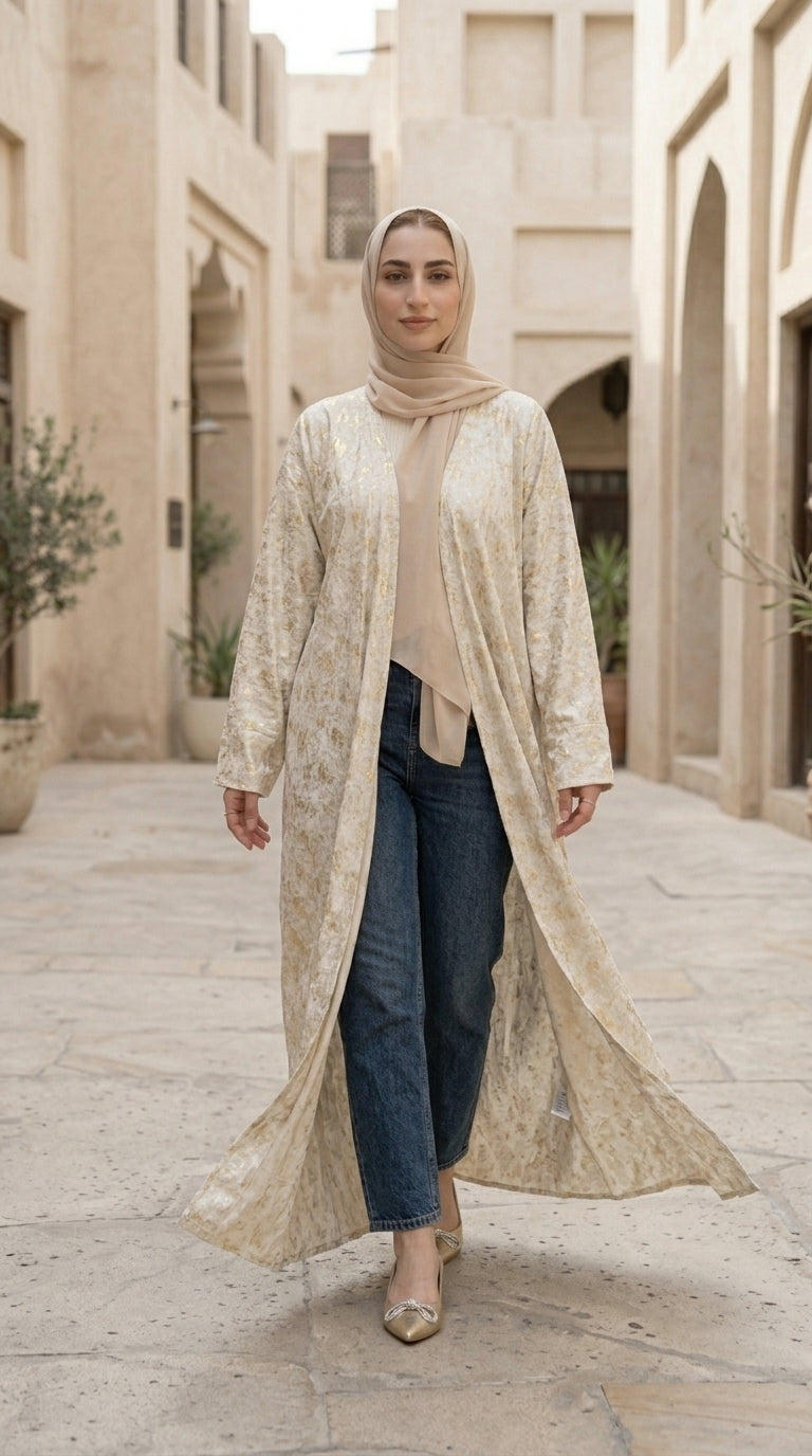 Woman wearing a long beige embroidered jacket in an outdoor setting with architectural elements.
